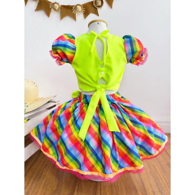 Conjunto Meninas Junino Cropped Verde Neon Com Saia Colorida