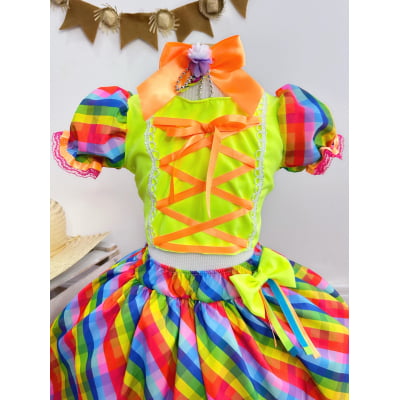 Conjunto Meninas Junino Cropped Verde Neon Com Saia Colorida