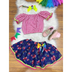 Conjunto Meninas Junino Rosa Xadrez Cropped Mini Saia Azul