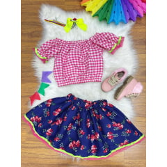 Conjunto Meninas Junino Rosa Xadrez Cropped Mini Saia Azul