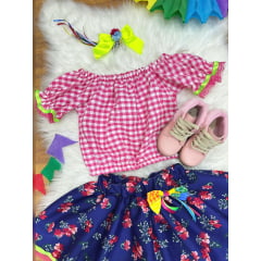 Conjunto Meninas Junino Rosa Xadrez Cropped Mini Saia Azul