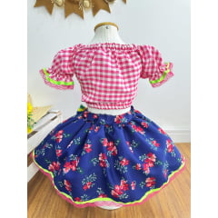 Conjunto Meninas Junino Rosa Xadrez Cropped Mini Saia Azul