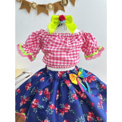 Conjunto Meninas Junino Rosa Xadrez Cropped Mini Saia Azul