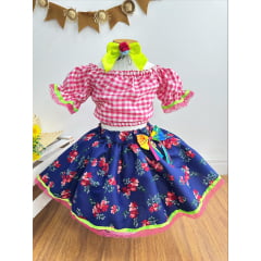 Conjunto Meninas Junino Rosa Xadrez Cropped Mini Saia Azul