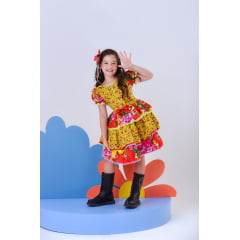 Vestido Infantil Junino Amarelo Colorido Florzinhas Festas