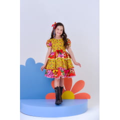 Vestido Infantil Junino Amarelo Colorido Florzinhas Festas