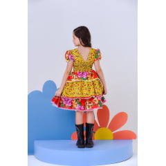 Vestido Infantil Junino Amarelo Colorido Florzinhas Festas