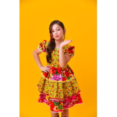 Vestido Infantil Junino Amarelo Colorido Florzinhas Festas