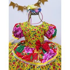 Vestido Infantil Junino Amarelo Colorido Florzinhas Festas