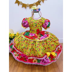 Vestido Infantil Junino Amarelo Colorido Florzinhas Festas