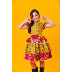 Vestido Infantil Junino Amarelo Colorido Florzinhas Festas