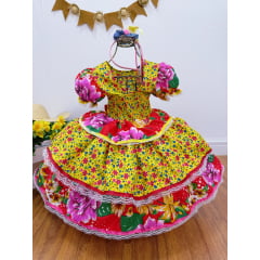 Vestido Infantil Junino Amarelo Colorido Florzinhas Festas