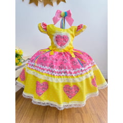 Vestido Infantil Junino Amarelo Colorido Luxo Festas