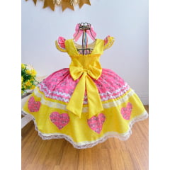 Vestido Infantil Junino Amarelo Colorido Luxo Festas