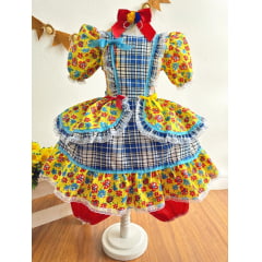Vestido Infantil Junino Amarelo Xadrez Colorido Florzinhas