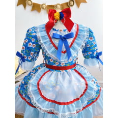 Vestido Infantil Junino Arraiá Azul Desenho Flores Coloridas