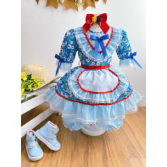Vestido Infantil Junino Arraiá Azul Desenho Flores Coloridas