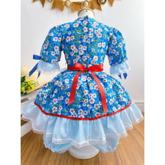 Vestido Infantil Junino Arraiá Azul Desenho Flores Coloridas