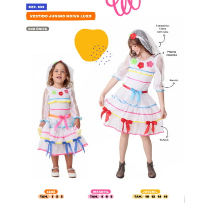 Vestido Infantil Junino Arraiá Festas Noiva C/ Tiara e Véu