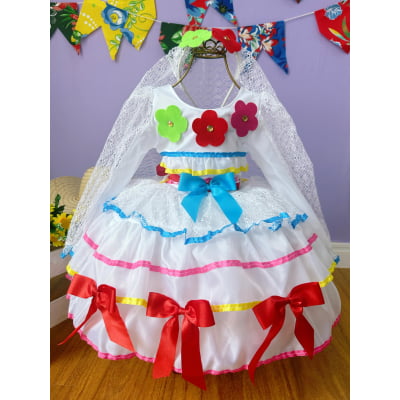 Vestido Infantil Junino Arraiá Festas Noiva C/ Tiara e Véu