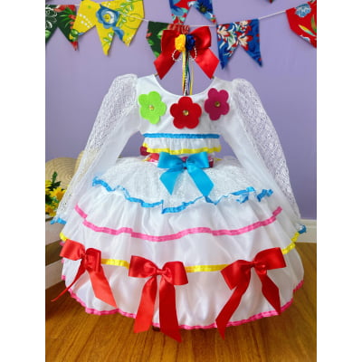 Vestido Infantil Junino Arraiá Festas Noiva C/ Tiara e Véu