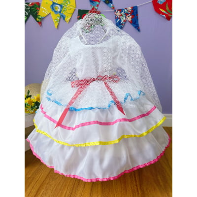 Vestido Infantil Junino Arraiá Festas Noiva C/ Tiara e Véu