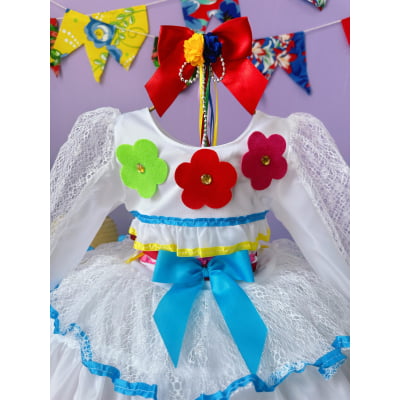 Vestido Infantil Junino Arraiá Festas Noiva C/ Tiara e Véu