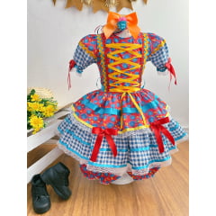 Vestido Infantil Junino Arraiá Vermelho e Azul Com Estampa