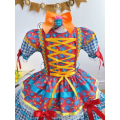 Vestido Infantil Junino Arraiá Vermelho e Azul Com Estampa