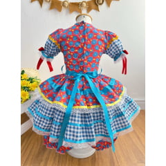 Vestido Infantil Junino Arraiá Vermelho e Azul Com Estampa