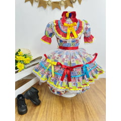 Vestido Infantil Junino Azul Com Estampa Colorida Festas