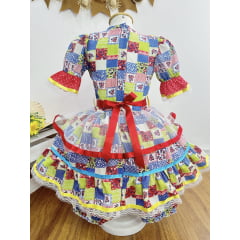 Vestido Infantil Junino Azul Com Estampa Colorida Festas