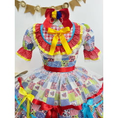 Vestido Infantil Junino Azul Com Estampa Colorida Festas