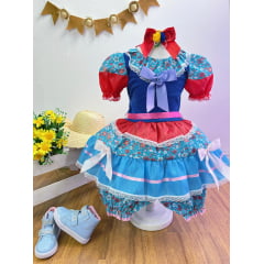 Fantasia Infantil Junino Azul Com Florzinhas Coloridas
