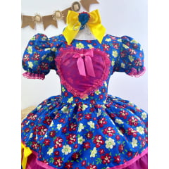 Vestido Infantil Junino Azul Coração Colorido Florzinhas
