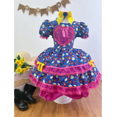Vestido Infantil Junino Azul Coração Colorido Florzinhas