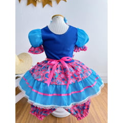 Fantasia Infantil Junino Azul e Rosa Com Flores Coloridas