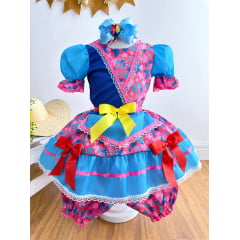 Fantasia Infantil Junino Azul e Rosa Com Flores Coloridas