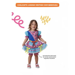 Fantasia Infantil Junino Azul e Rosa Com Flores Coloridas