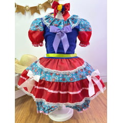 Fantasia Infantil Junino Azul e Vermelho Colorido Florido