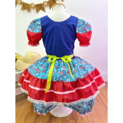 Fantasia Infantil Junino Azul e Vermelho Colorido Florido