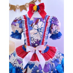 Fantasia Infantil Junino Azul e Vermelho Flores Coloridas