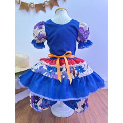 Fantasia Infantil Junino Azul e Vermelho Flores Coloridas