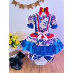 Fantasia Infantil Junino Azul e Vermelho Flores Coloridas