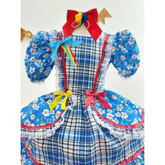 Fantasia Infantil Junino Azul Xadrez Colorido Florzinhas
