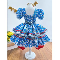 Fantasia Infantil Junino Azul Xadrez Colorido Florzinhas