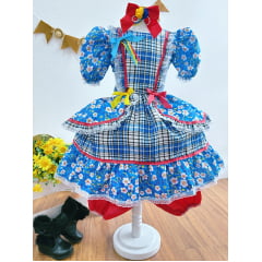 Fantasia Infantil Junino Azul Xadrez Colorido Florzinhas
