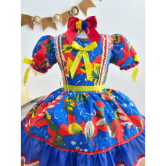 Vestido Infantil Junino Festa Azul Com Estampa de Florzinhas