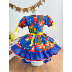 Vestido Infantil Junino Festa Azul Com Estampa de Florzinhas