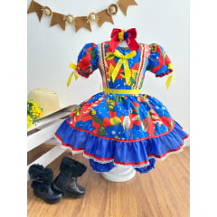 Vestido Infantil Junino Festa Azul Com Estampa de Florzinhas